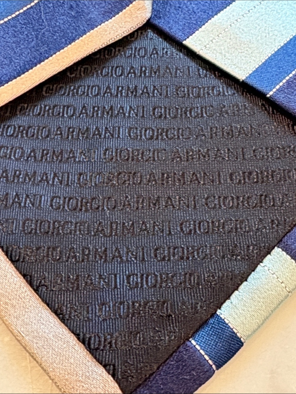 Giorgio Armani Men's Silk Tie, Navy/Beige/Lt Blue Diagonal Stripe, NWOT, - Picture 8 of 8